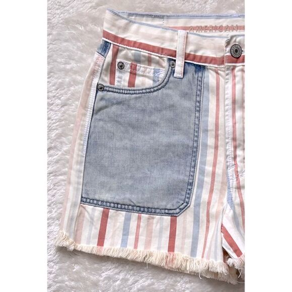 American Eagle Hi-Rise Mom Short in Red White & Blue Stripes Patchwork Denim - Picture 5 of 12